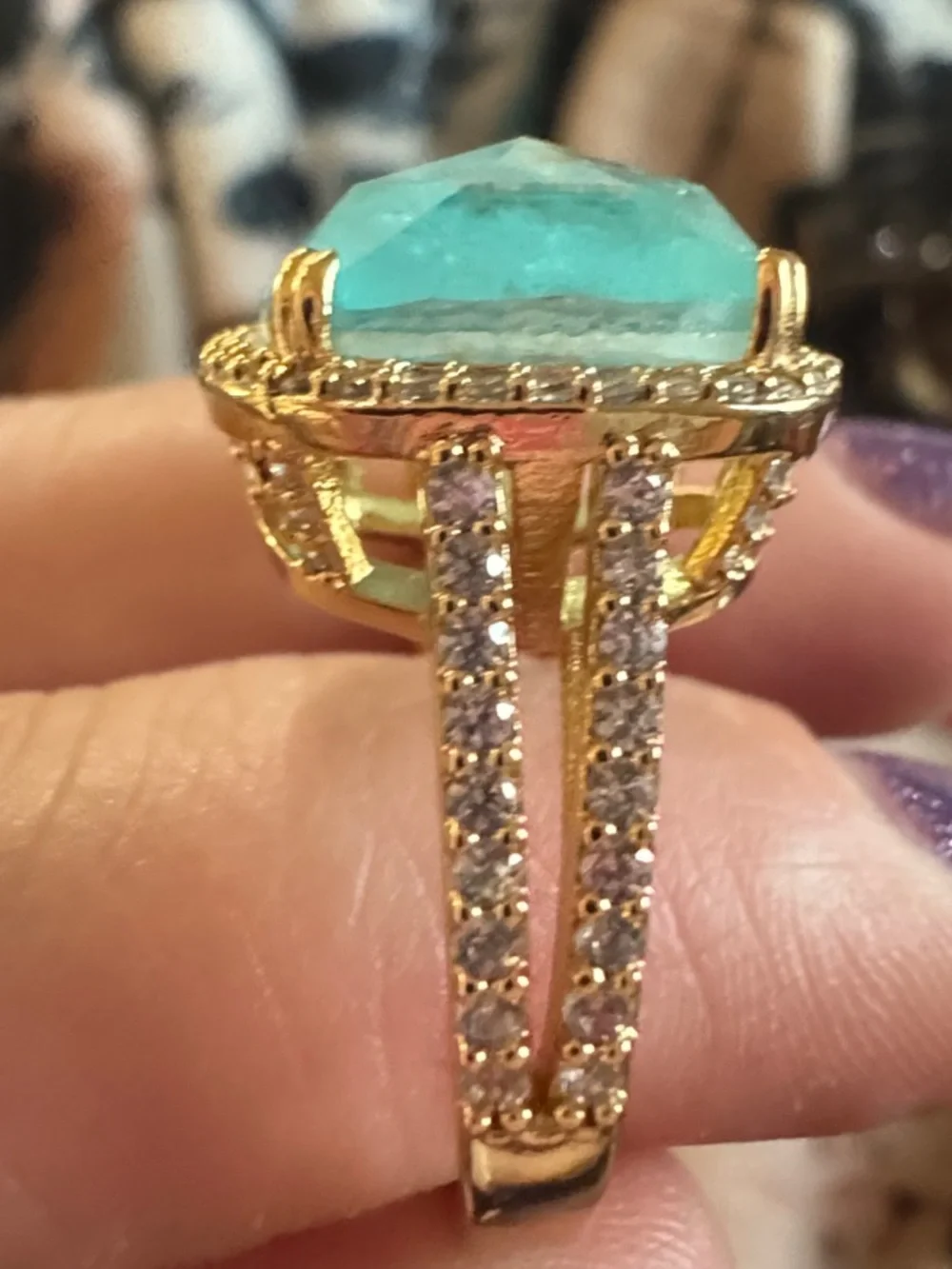 bp Gold Ring with Large Aquamarine Blue Cushion Stone and Pavé Halo